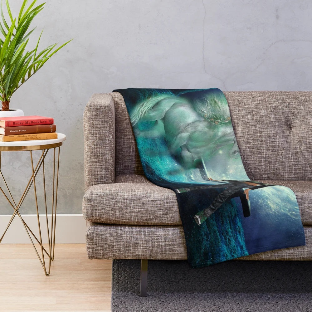 Cozy plush blanket featuring a majestic unicorn in a magical forest with a starry night sky