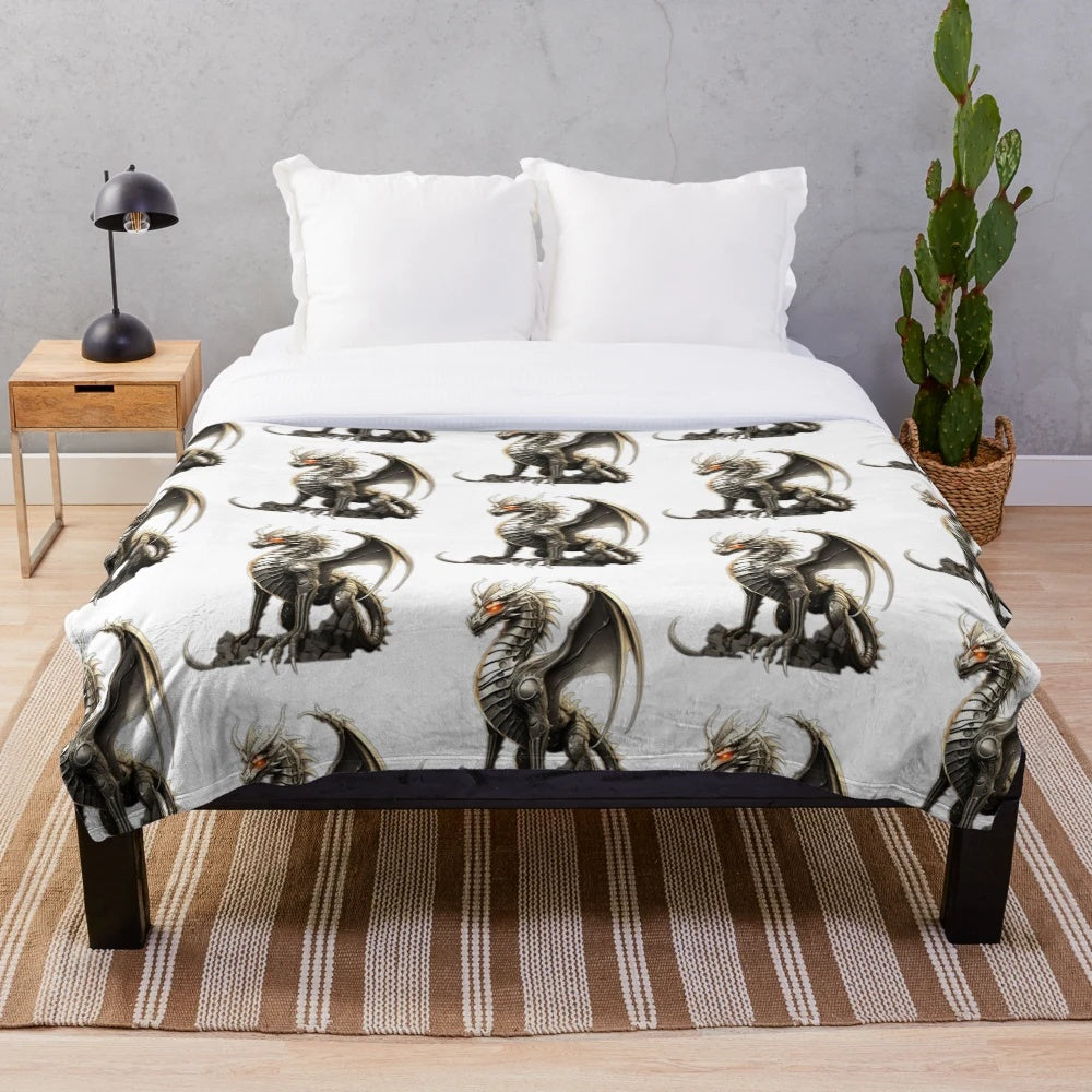Enchanting plush blanket featuring an armored knight and dragon in a fantasy landscape