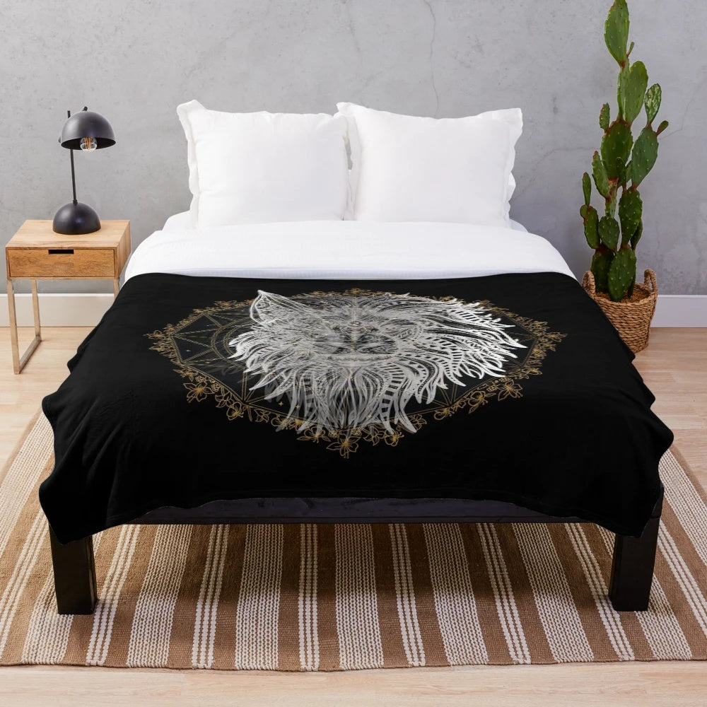 Plush blanket with a detailed mandala design featuring an animal-inspired motif