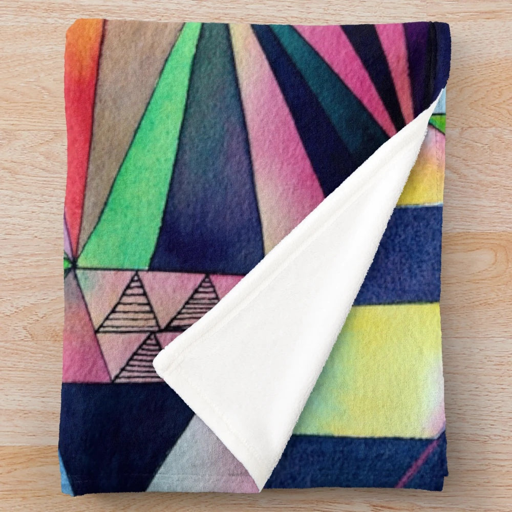 Plush blanket with abstract, colorful cats in a moonlit fantasy scene