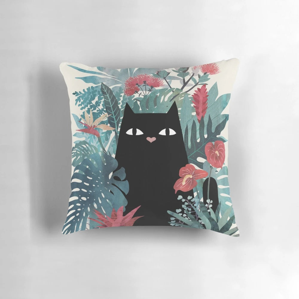 Soft and plush Popoki Pillow featuring a charming black cat design in a tropical paradise setting.