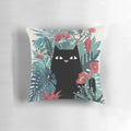 Soft and plush Popoki Pillow featuring a charming black cat design in a tropical paradise setting.