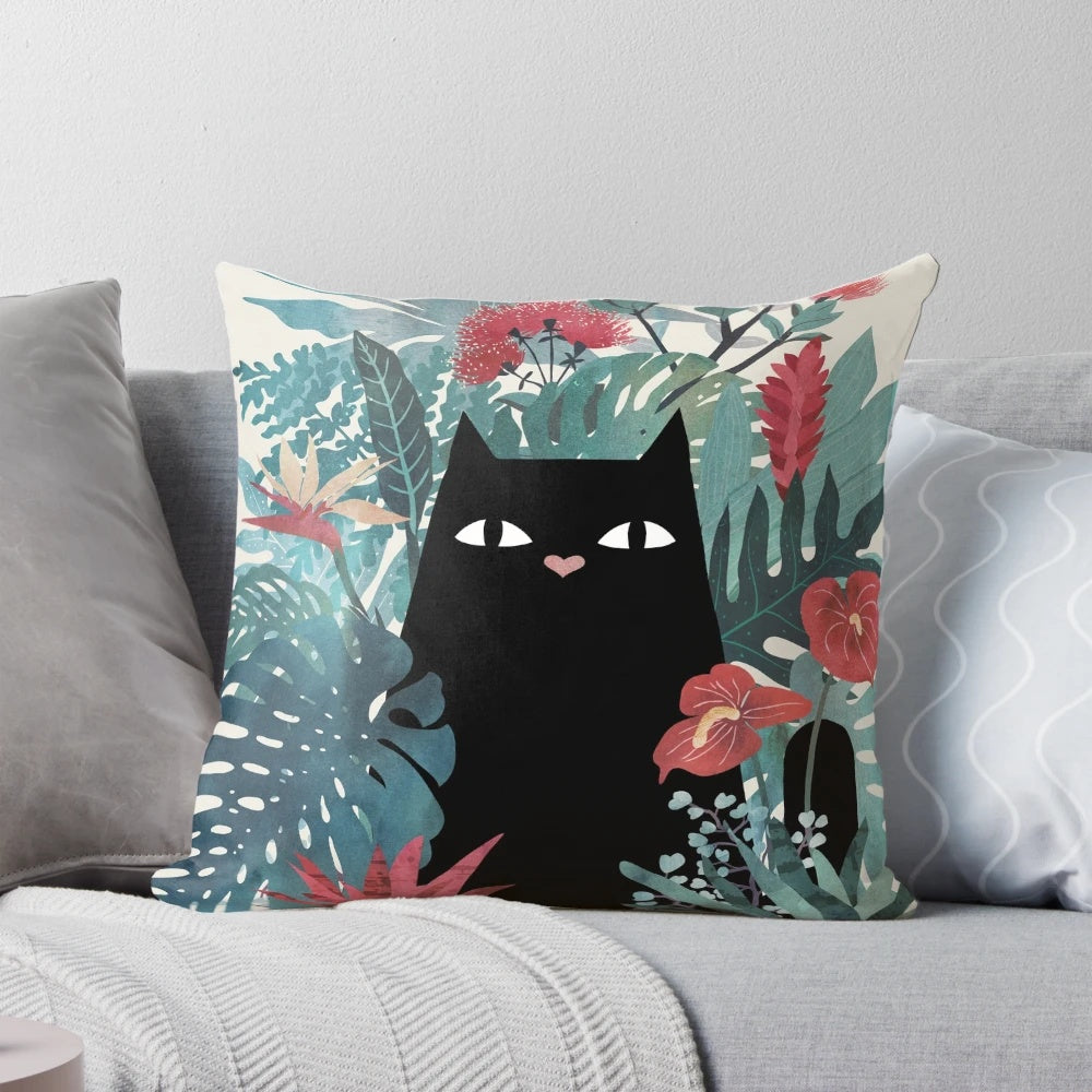 Soft and plush Popoki Pillow featuring a charming black cat design in a tropical paradise setting.