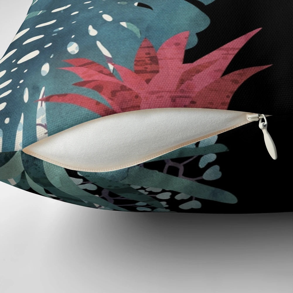 Soft and plush Popoki Pillow featuring a charming black cat design in a tropical paradise setting.