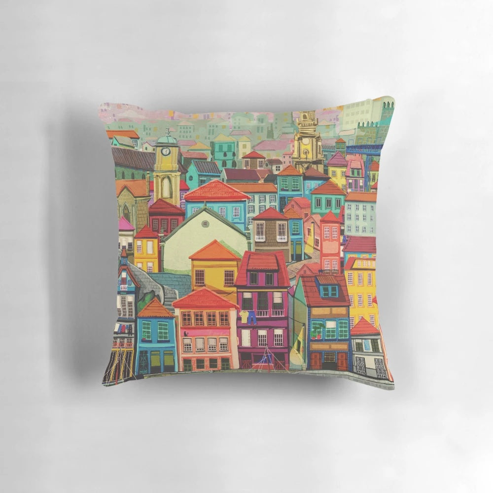 Vibrant watercolor artwork of the picturesque cityscape of Porto, Portugal, featuring the iconic Douro River and bridges.