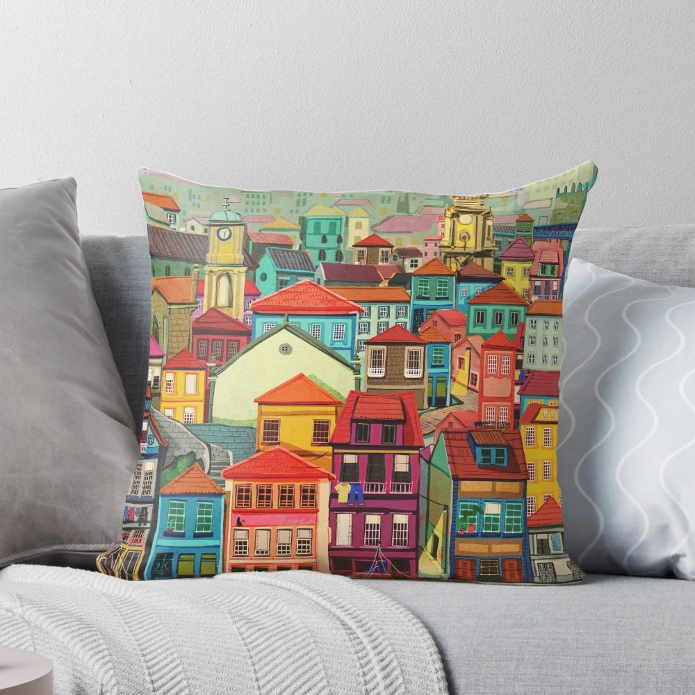 Vibrant watercolor artwork of the picturesque cityscape of Porto, Portugal, featuring the iconic Douro River and bridges.
