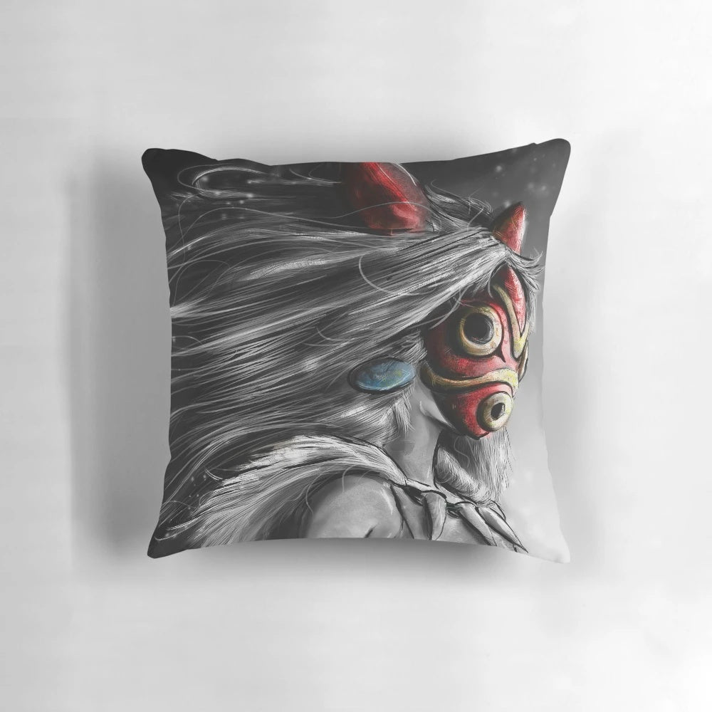 Vibrant illustration of a princess and wolves in a lush forest, printed on a soft, high-quality pillow.