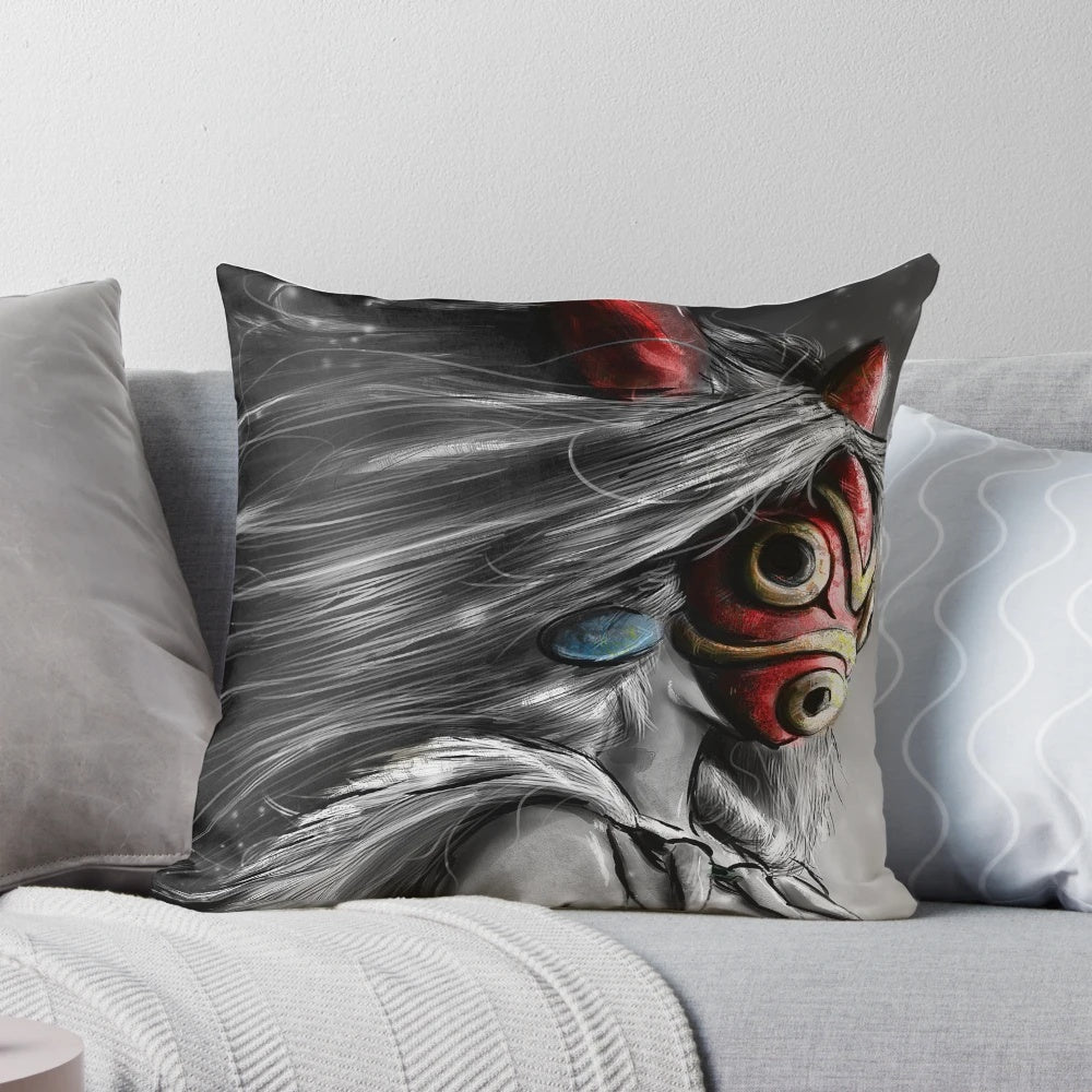 Vibrant illustration of a princess and wolves in a lush forest, printed on a soft, high-quality pillow.