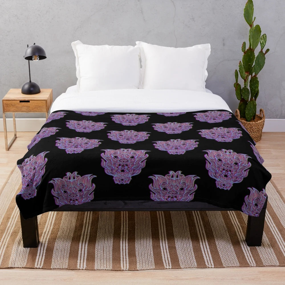 Purple dragon head plush blanket with mythical, medieval design