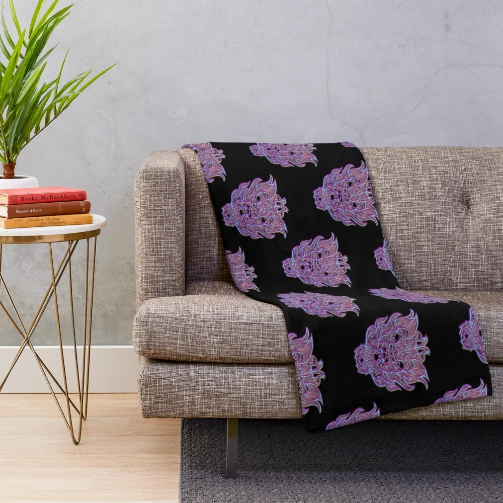 Purple dragon head plush blanket with mythical, medieval design