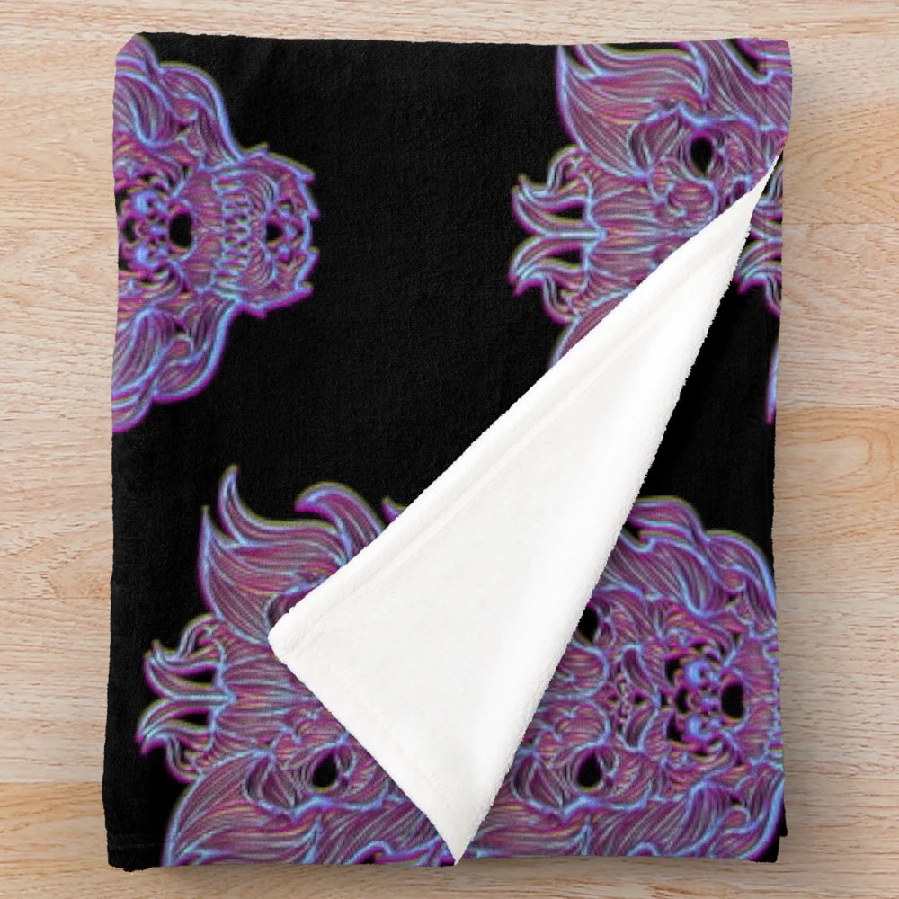 Purple dragon head plush blanket with mythical, medieval design