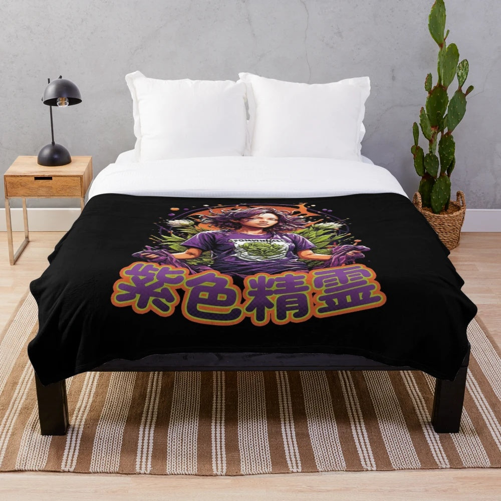 Enchanting purple plush blanket featuring vibrant fantasy artwork