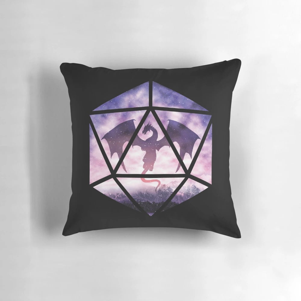 Purple dragon-themed d20 dice pillow for tabletop RPG enthusiasts