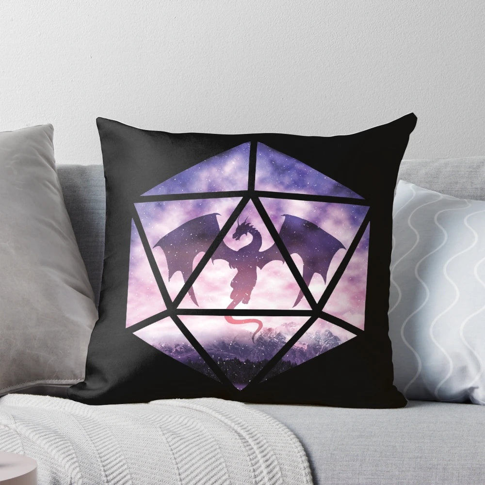 Purple dragon-themed d20 dice pillow for tabletop RPG enthusiasts