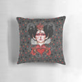A decorative throw pillow featuring the iconic Queen of Hearts from the Alice in Wonderland universe.