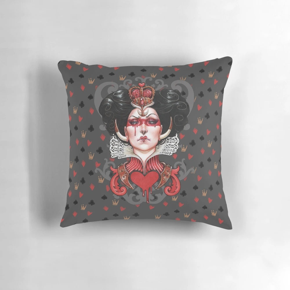 A decorative throw pillow featuring the iconic Queen of Hearts from the Alice in Wonderland universe.