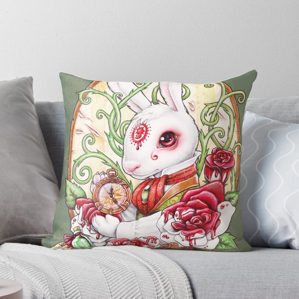 Vintage-inspired Rabbit Hole Pillow featuring Alice in Wonderland and Steampunk design elements