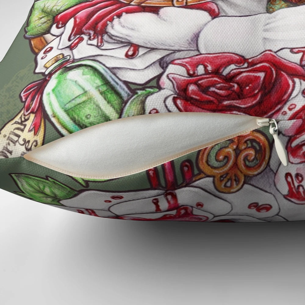Vintage-inspired Rabbit Hole Pillow featuring Alice in Wonderland and Steampunk design elements