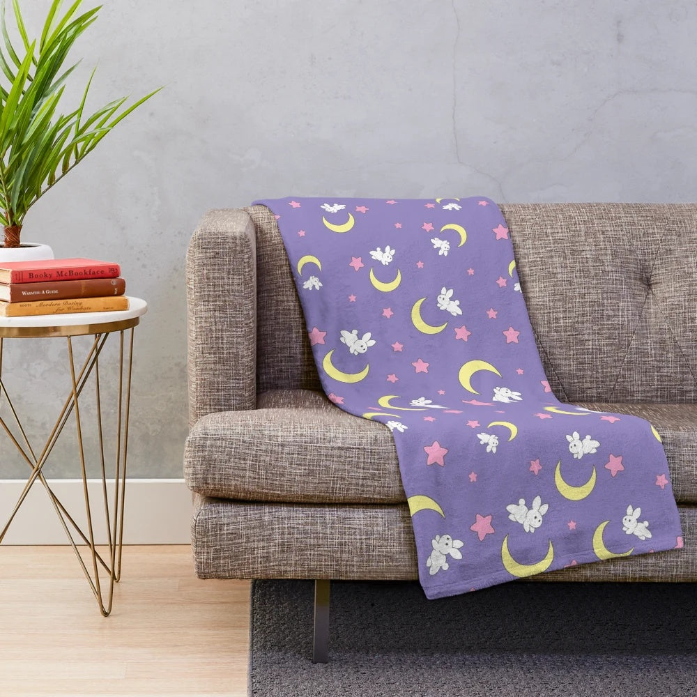 Rabbit of the Moon plush blanket with crescent moon and bunny design