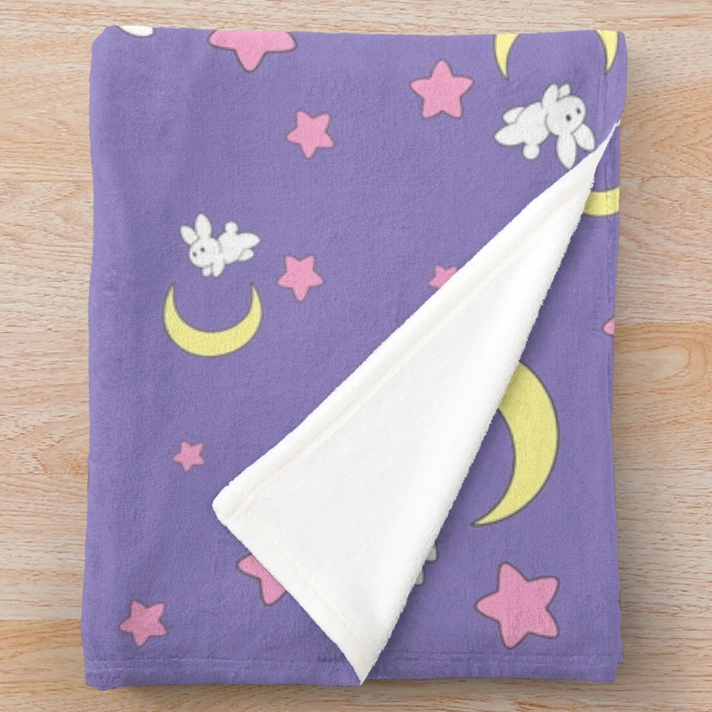 Rabbit of the Moon plush blanket with crescent moon and bunny design