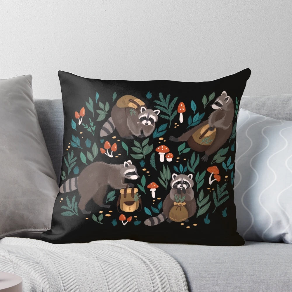 A whimsical Raccoon pillow with a floral and autumn-inspired design.
