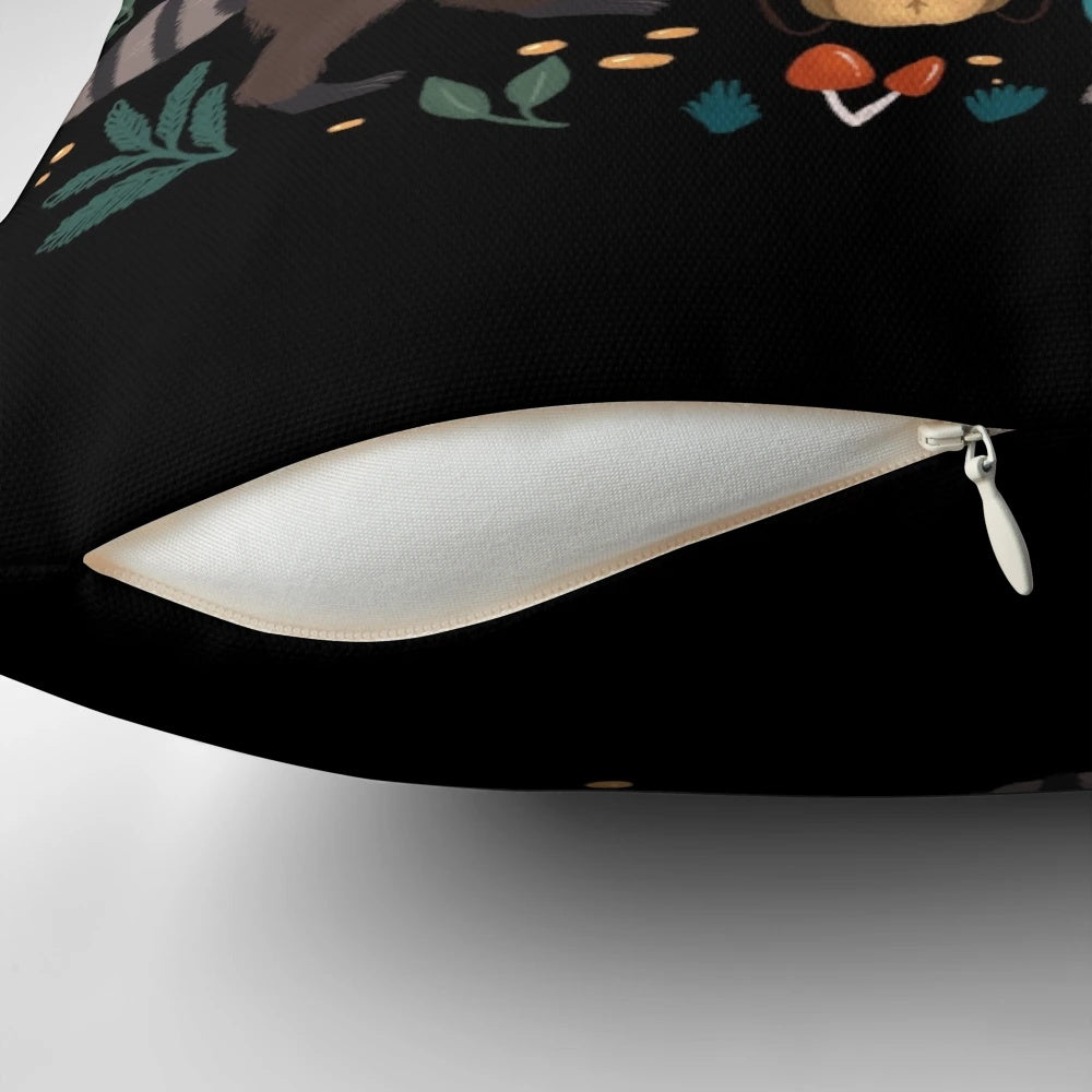 A whimsical Raccoon pillow with a floral and autumn-inspired design.