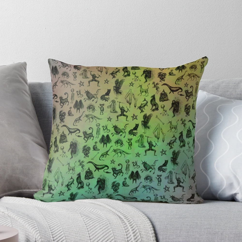 Colorful throw pillow featuring a design of various mythical creatures and cryptids in a rainbow palette.