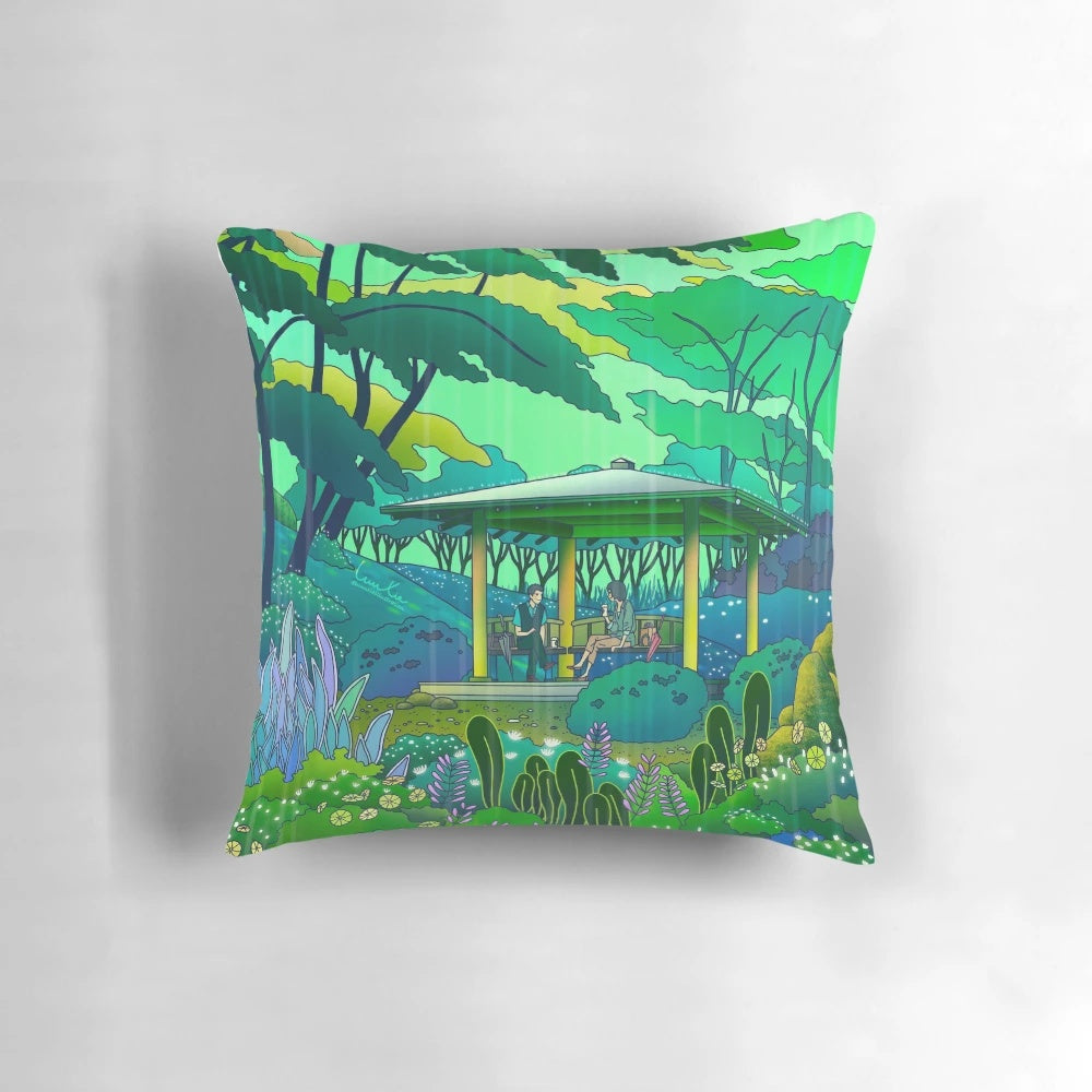 A whimsical, surreal pillow design featuring a rainy, nature-inspired scene with floating flowers and a mysterious, dreamy atmosphere.
