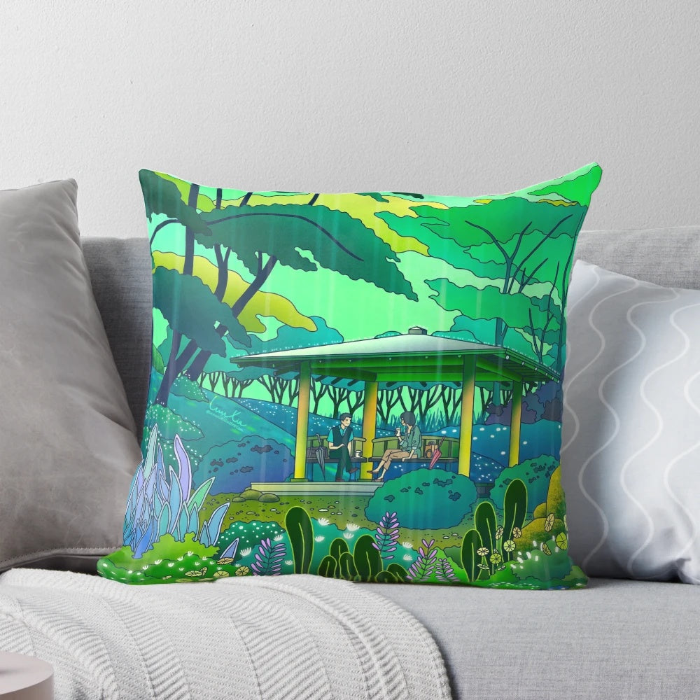A whimsical, surreal pillow design featuring a rainy, nature-inspired scene with floating flowers and a mysterious, dreamy atmosphere.