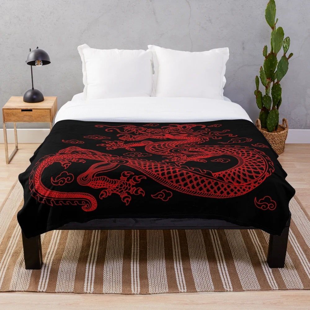 Red dragon plush blanket with intricate Asian-inspired design