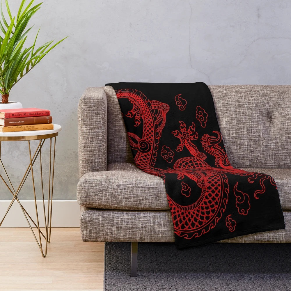 Red dragon plush blanket with intricate Asian-inspired design