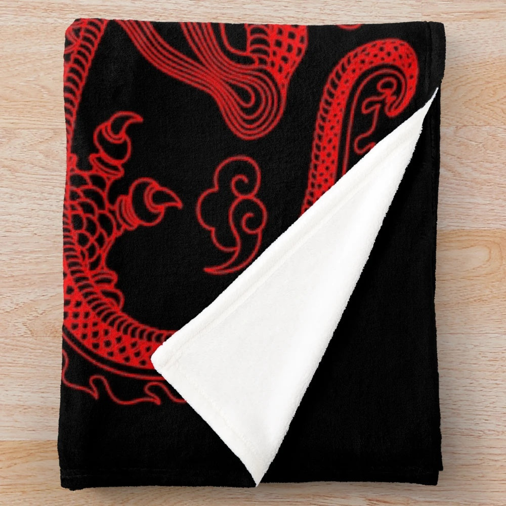 Red dragon plush blanket with intricate Asian-inspired design