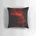 A striking red pillow with a silhouetted wolf and deer design, evoking a dreamlike, fantasy-inspired wilderness scene.
