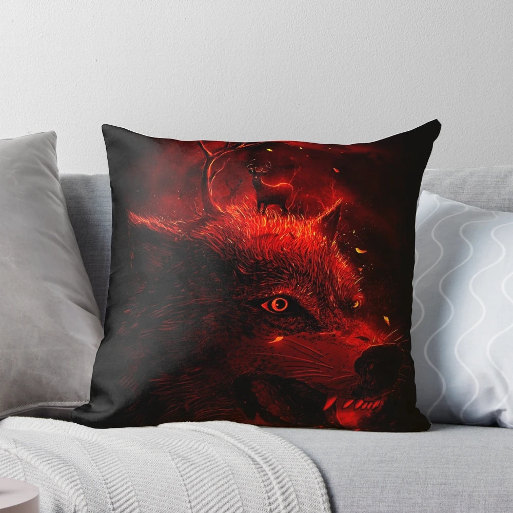 A striking red pillow with a silhouetted wolf and deer design, evoking a dreamlike, fantasy-inspired wilderness scene.
