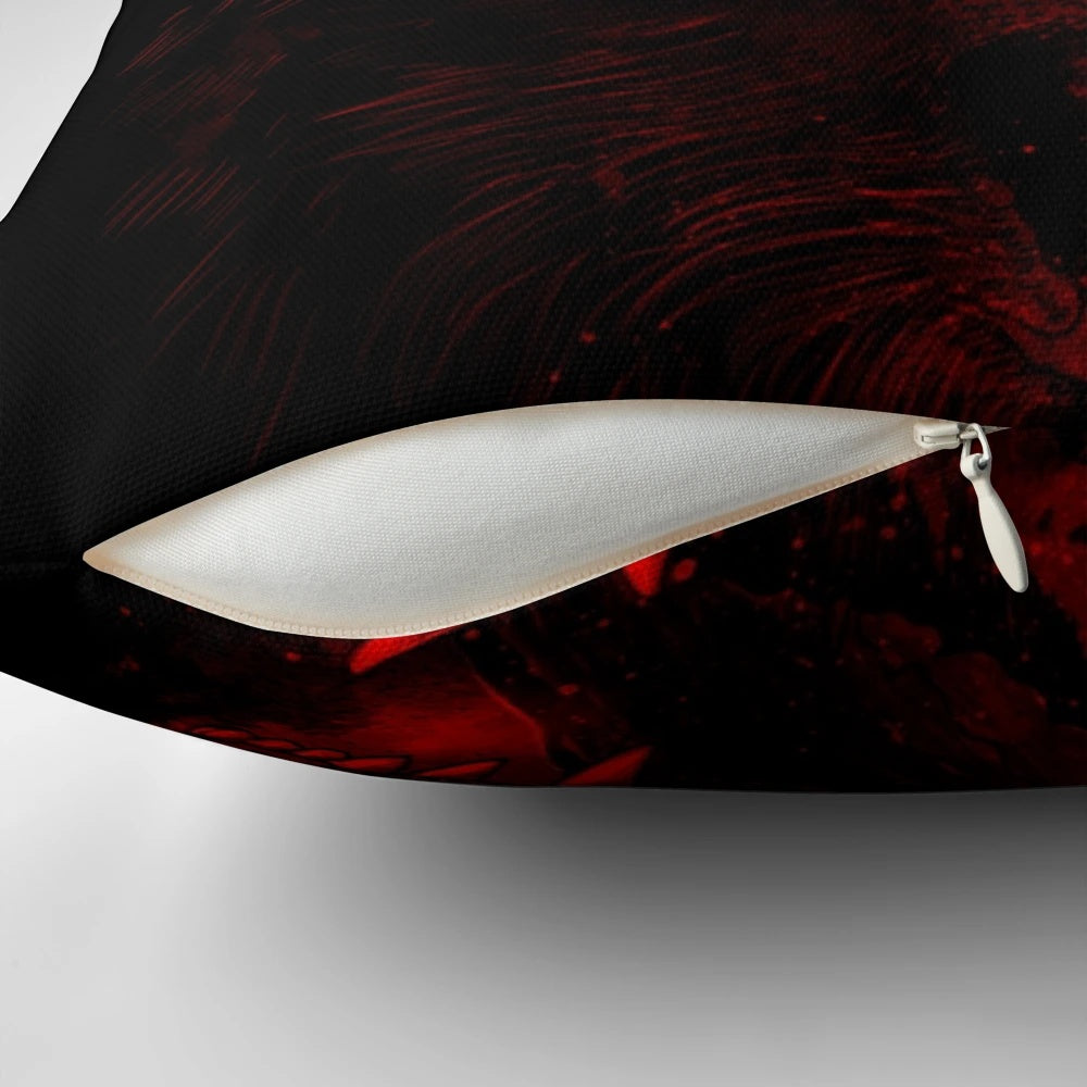 A striking red pillow with a silhouetted wolf and deer design, evoking a dreamlike, fantasy-inspired wilderness scene.