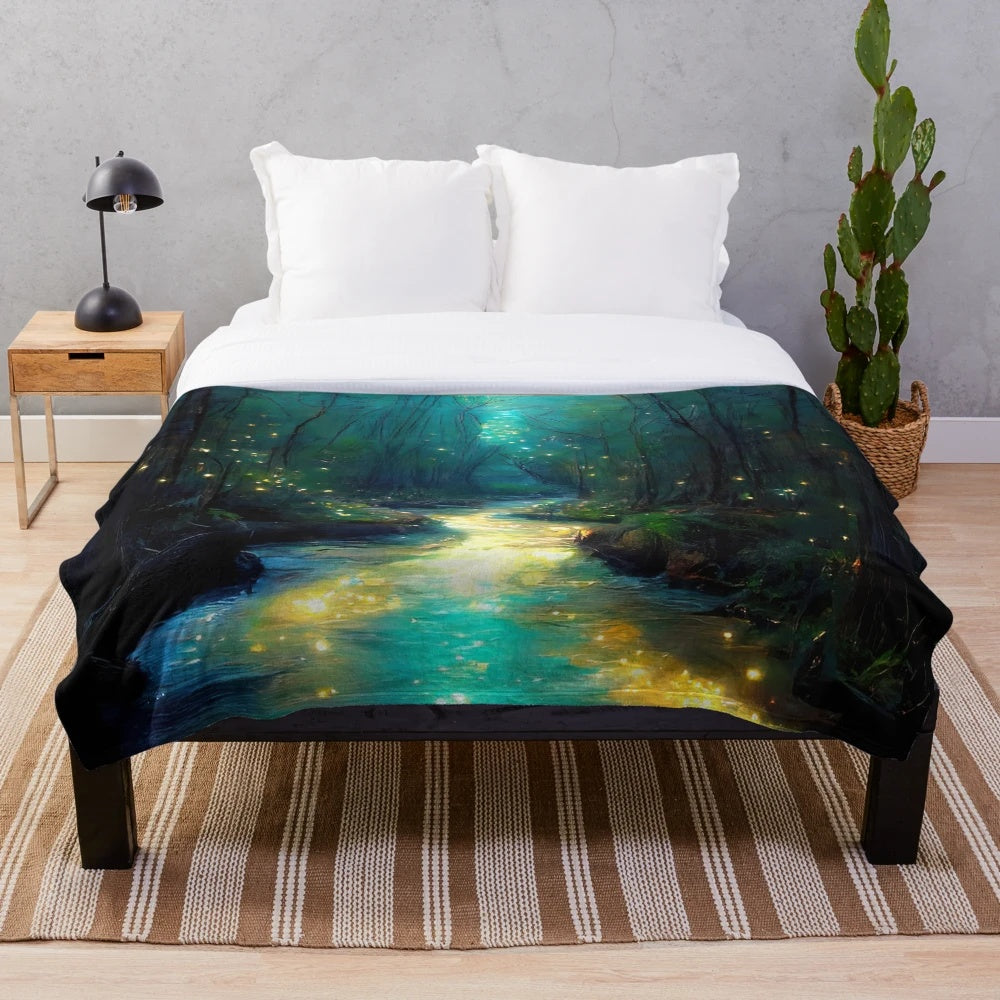 River of Light plush blanket featuring a magical, illuminated landscape scene