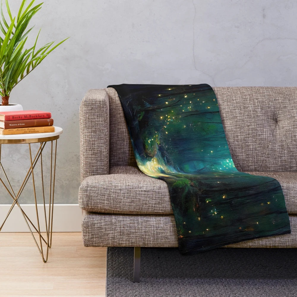 River of Light plush blanket featuring a magical, illuminated landscape scene