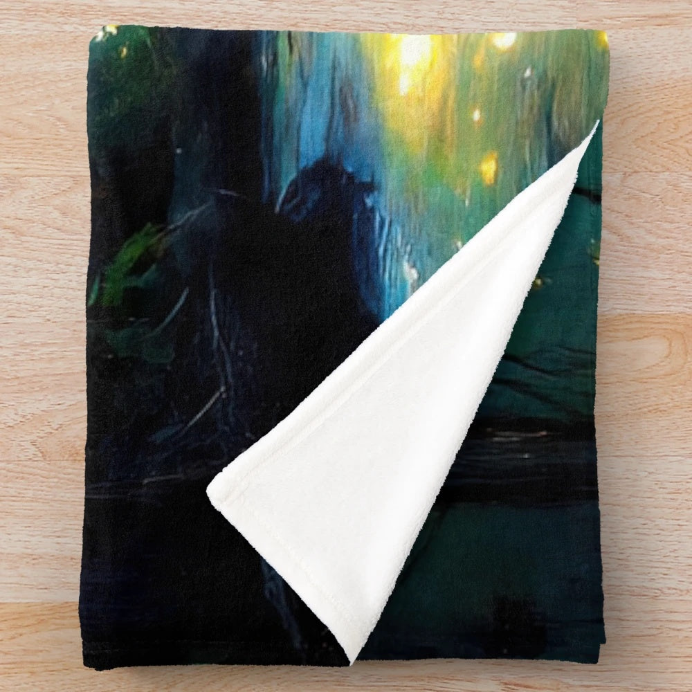 River of Light plush blanket featuring a magical, illuminated landscape scene