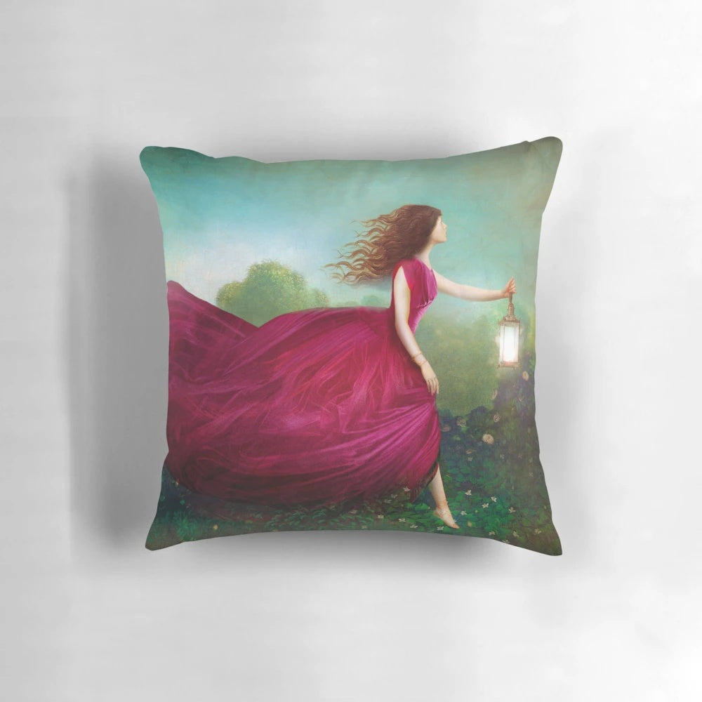 Beautifully detailed rose garden pillow with a dreamy, fantasy-inspired design by artist Christian Schloe.