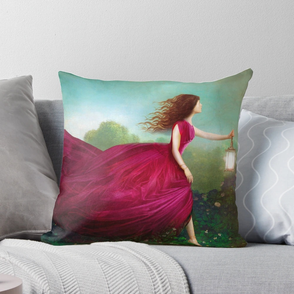 Beautifully detailed rose garden pillow with a dreamy, fantasy-inspired design by artist Christian Schloe.