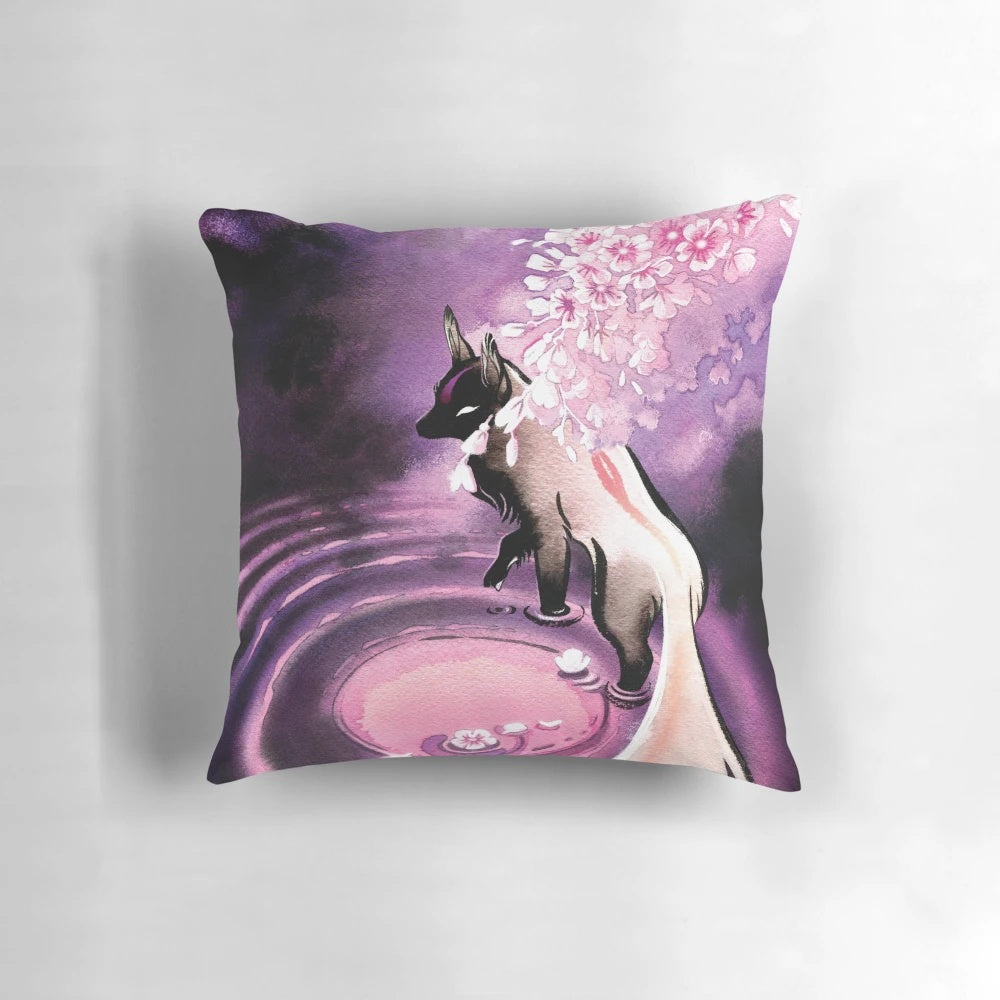 A soft, plush decorative pillow featuring a beautiful rose moon and sakura blossom design with a mystical fox, inspired by Japanese mythology.