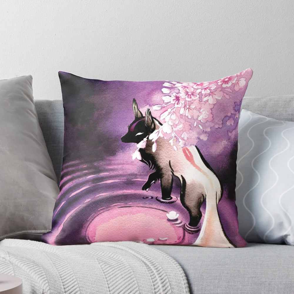 A soft, plush decorative pillow featuring a beautiful rose moon and sakura blossom design with a mystical fox, inspired by Japanese mythology.