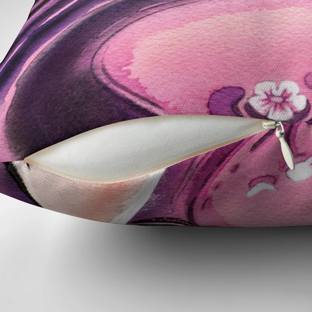 A soft, plush decorative pillow featuring a beautiful rose moon and sakura blossom design with a mystical fox, inspired by Japanese mythology.