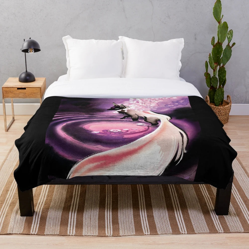 Cozy plush blanket featuring a rose moon and sakura blossom fox design