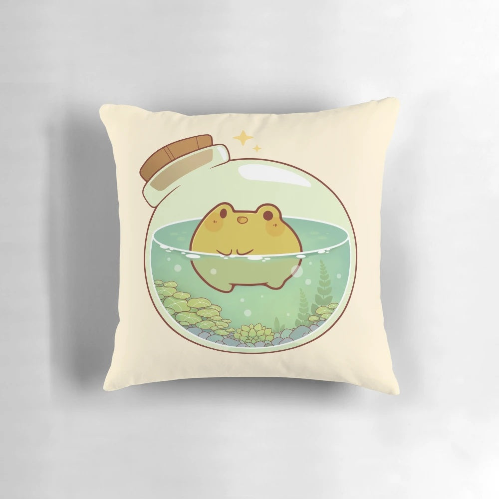A cozy and whimsical round frog potion pillow, perfect for adding a touch of fantasy to any room.