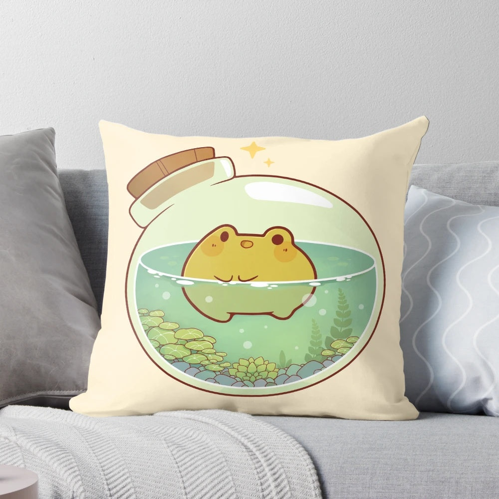 A cozy and whimsical round frog potion pillow, perfect for adding a touch of fantasy to any room.