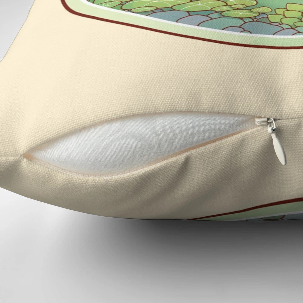 A cozy and whimsical round frog potion pillow, perfect for adding a touch of fantasy to any room.