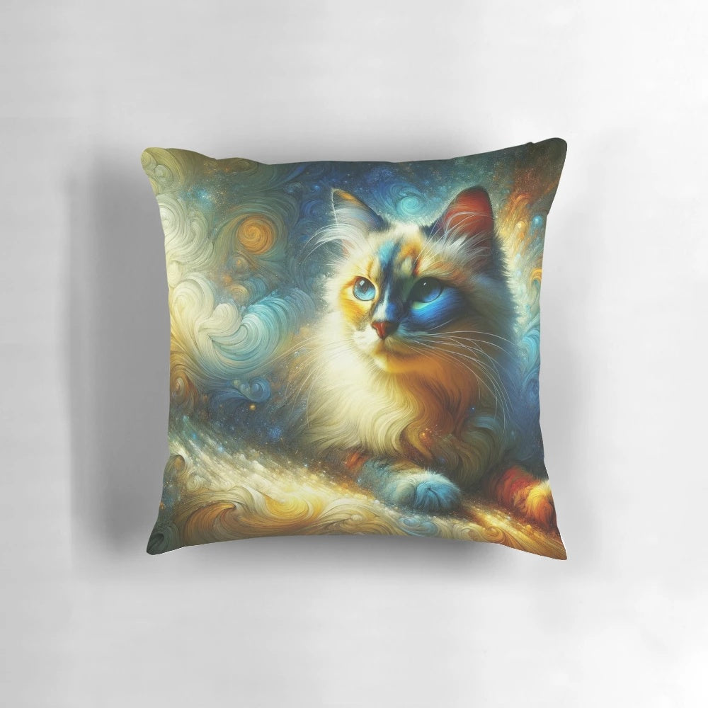 Soft, plush pillow featuring a serene sacred birman cat against a starry, cosmic backdrop