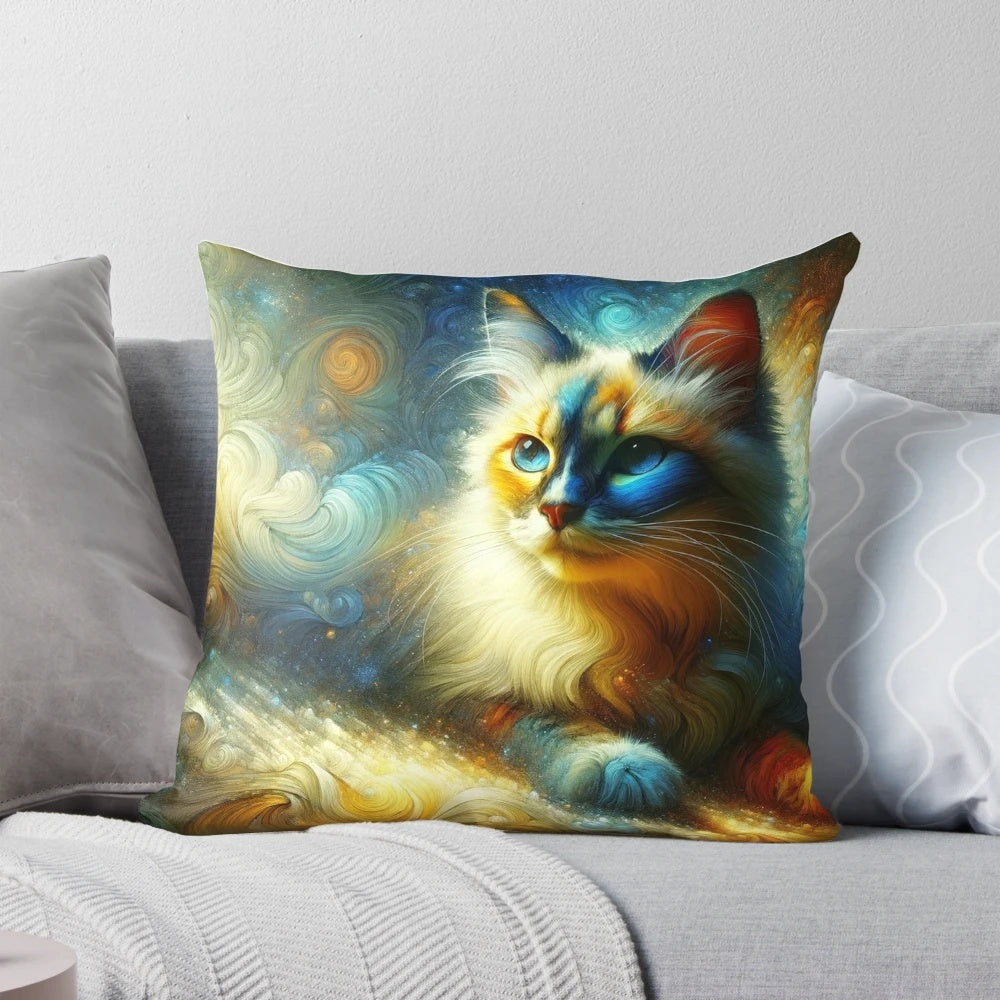 Soft, plush pillow featuring a serene sacred birman cat against a starry, cosmic backdrop