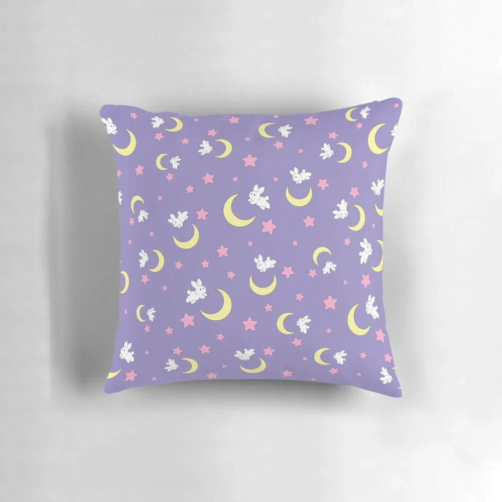 Soft, plush pillow featuring a Sailor Moon inspired crescent moon design with a cute bunny or chibi character.